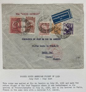 1934 Pernambuco Brazil Graf Zeppelin LZ 127 Condor Flight Cover to Paris France