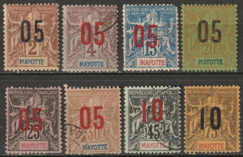 Mayotte 1912 Sc 22/31 partial set MH*/MNG(*)/used