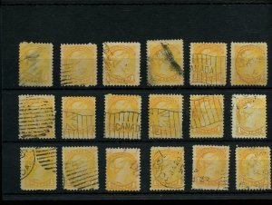 ?Various cancels on 18 x 3 cent SMALL QUEENS used Canada