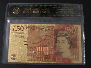 GREAT BRITAIN-QUEEN ELIZABETH II- 50 POUNDS- 24K GOLD REPLICA NOTE VF LAST ONE