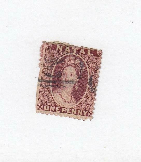 NATAL (MK6582) # 15  F-USED  1p 1864 QUEEN VICTORIA / CARMINE RED CAT VALUE $50