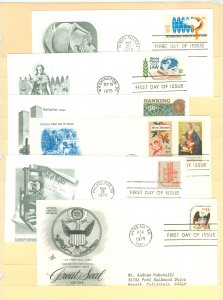 US 1571/1596 1975 6 different addressed FDCs with artmaster & artcraft cachets; Int. Women's Year, World Peace, banking,...