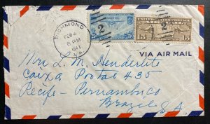 1941 Richmond VA Usa Airmail Cover To Pernambuco Brazil