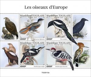 TOGO - 2022 - Birds of Europe  - Perf 4v Sheet - Mint Never Hinged