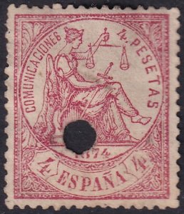 Spain 1874 Sc 209 telegraph punch (taladrado) cancel small thins