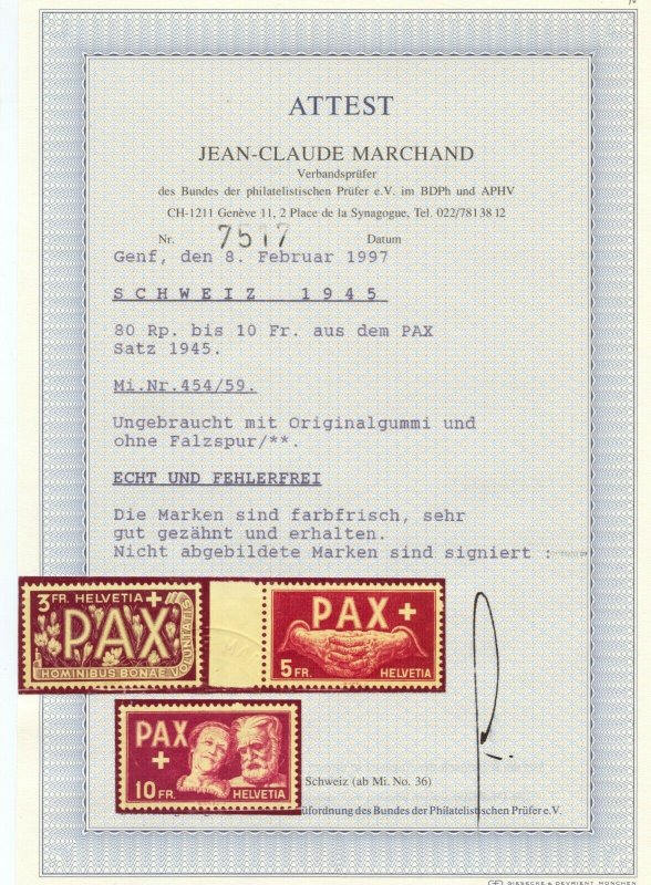 Switzerland 1945 Pax Set complete MNH, no faults, Marchand certificate