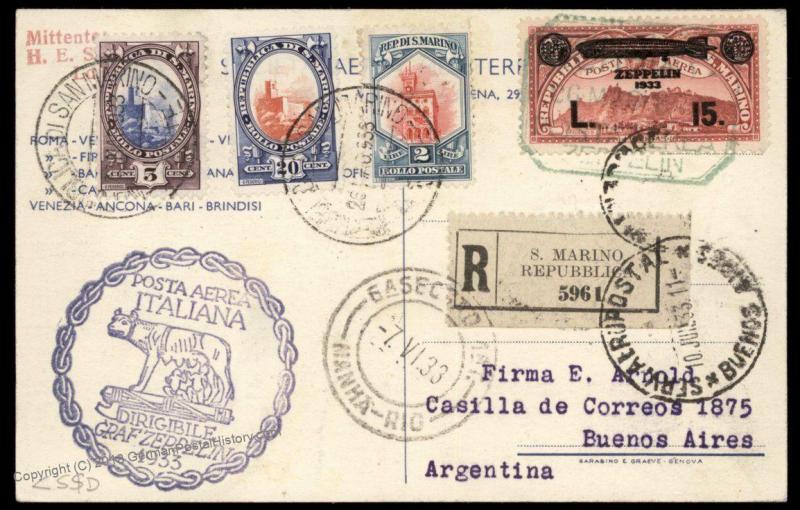 San Marino 12L Graf Zeppelin Italy Flight 2nd South America Rome Reg Cover 91873