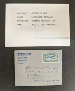 1959 Savoy Hotel Dehradun Airmail Aerogramme Cover to Whittier California USA