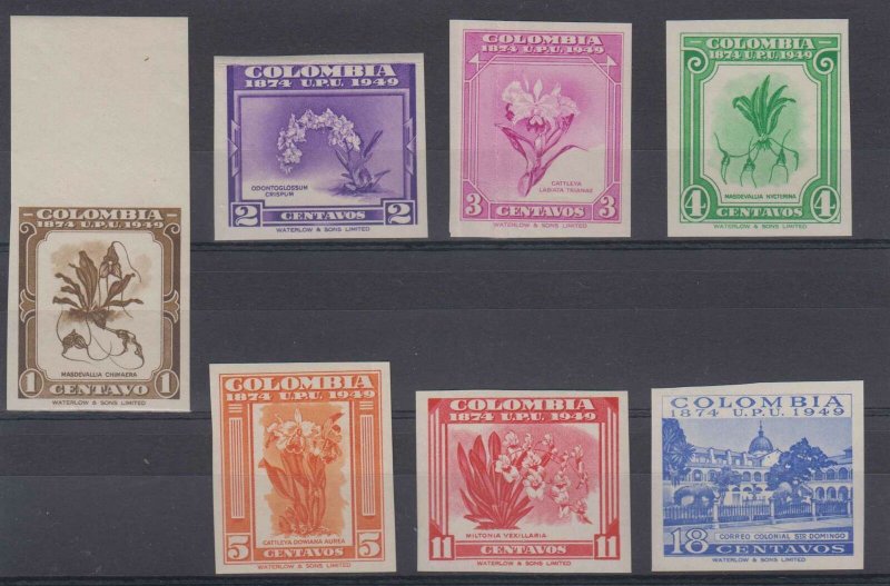 COLOMBIA 1949 UPU ANNIVERSARY Sc 580-586 FULL SET IMPERF PROOFS MNH F,VF ORCHIDS