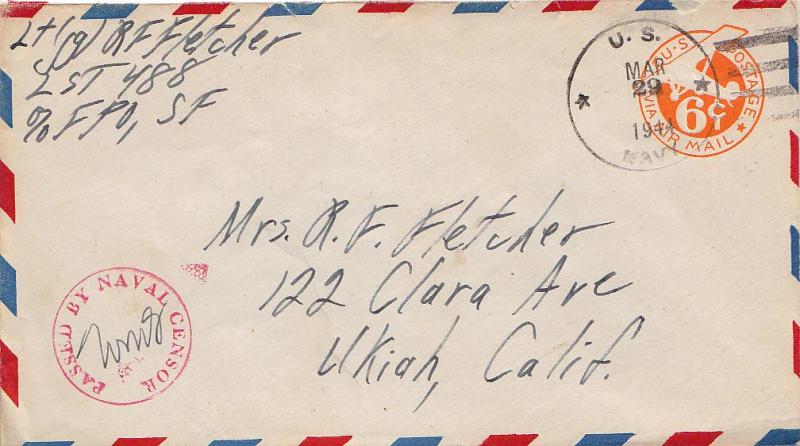 United States Ships 6c Monoplane Airmail Envelope 1944 U.S. Navy U.S.S. LST 4...