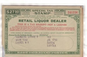 Revenue: 1950 Retail Liquor Dealer Special Tax Stamp, $27.50 (14479)