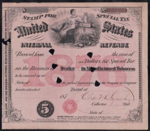 US 1876-1885 5 INTR. REVENUE STAMPS FOR SPECIAL TAX FOR