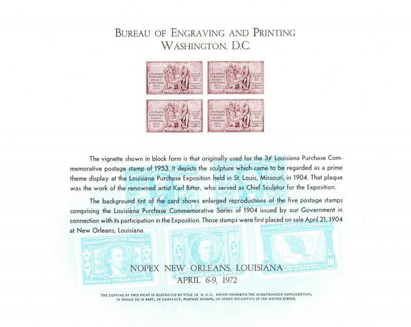 BUREAU OF ENGRAVING AND PRINTING NOPEX 1972 SOUVENIR CARD 10.75 X 8.5 