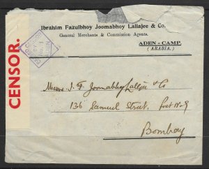 ADEN COVER 13 JULY 1940 TO BOMBAY OPENED BY CENSOR 1