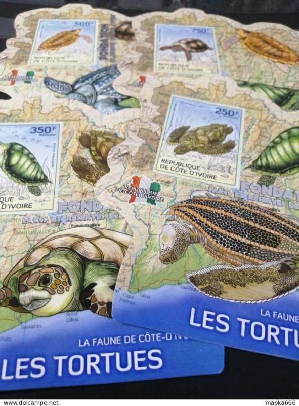 Lx257 Imperf !! Silver 2014 Ivory Coast Sea Turtles #1524-7 Uv Cardboard 4Bl Mnh