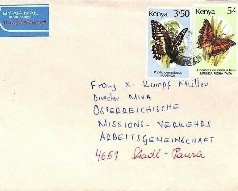 KENYA Air Mail Cover MIVA MISSIONARY Austria *Deficient Address* 1981 CA156