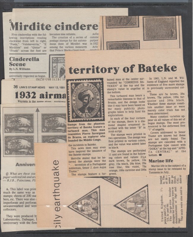 1980-2005 About 50 Clippings of articles on Cinderellas, Locals & Forgeries