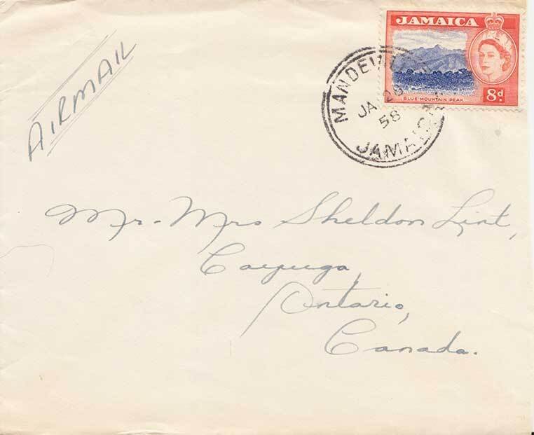 Jamaica 8d QEII Blue Mountain 1958 Mandeville, Jamaica Airmail to Cayuga, Ont...