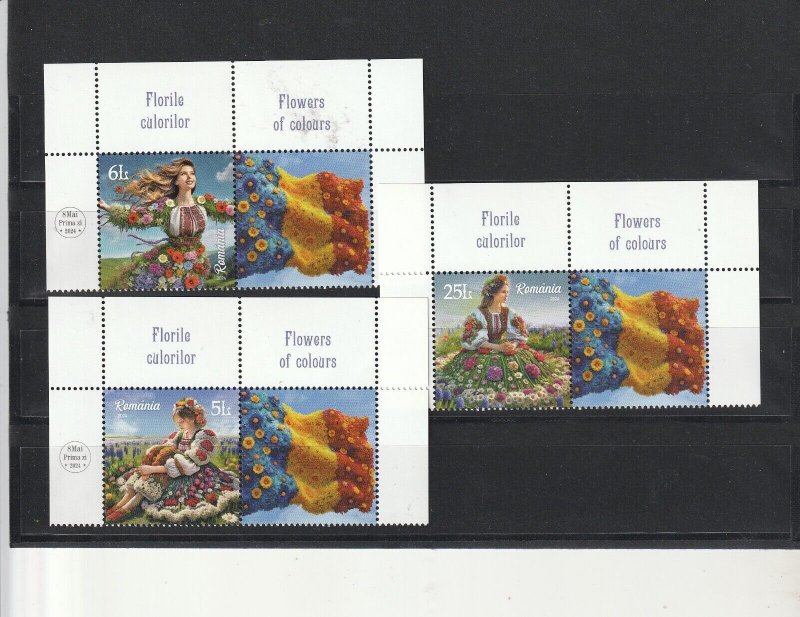 Romania STAMPS 2024 FLOWERS NATIONAL DRESS POST MNH SET LABELS FLAG