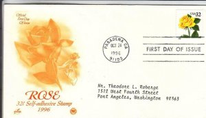 1996, 32c Yellow Rose Self-Adhesive, Artcraft/PCS, FDC (D15558)