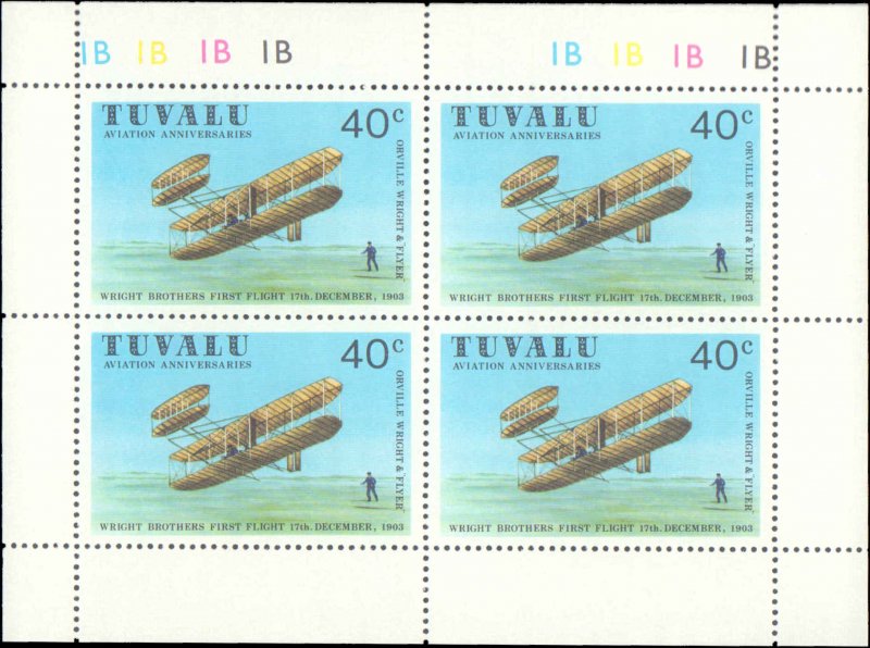 Tuvalu #142-145, Complete Set(4), Blocks of 4, 1980, Airplanes, Never Hinged