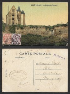 SD)1910 FRANCE POSTCARD LES REMPARTS CASTLE, SARTHE, 2 ALLEGORY STAMPS