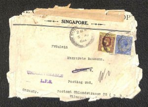 STRAITS SETTLEMENT #157 & 158 STAMPS TO GERMANY RLO SEAL TYPE 10A WW1 COVER 1914