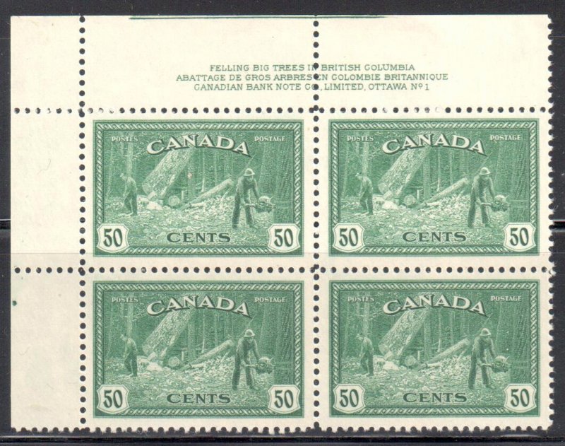 Canada #272 VF-XF MINT OG NH UL Plate Block No1 C$225.00