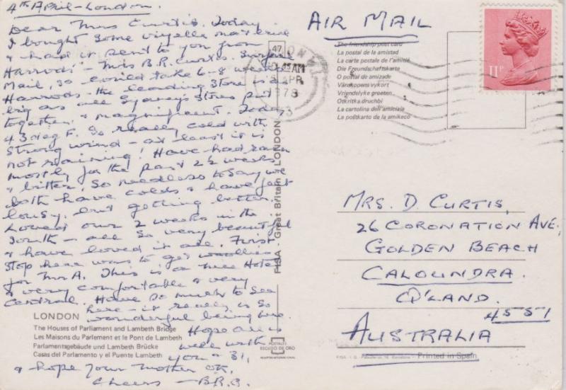 Great Britain 11p QEII London W.I., K3 PPC Airmail to Caloundra, Australia.