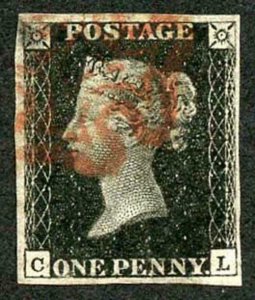 Penny Black (CL) Plate 10 (corner crease) CV mark NW Corner RED CROSS 4 Margins