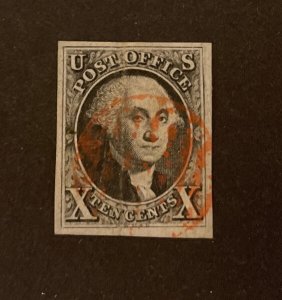 US #2, used w/red grid cncl, vert cr., Miller cert. Scott $850.00