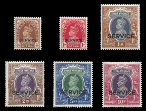 India #O97/103 Cat$52, 1937-39 Officials, 1/2a-10r, complete except for 9p, 5...