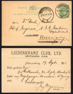 Transvaal 1911 1/2d printed stat postcard from LIEDERKRANZ CLUB