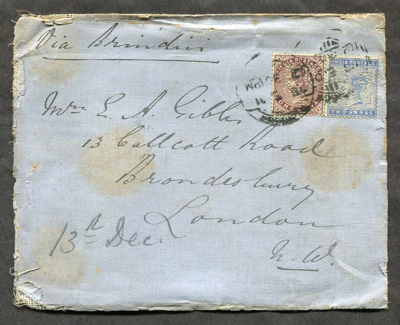 p657 - INDIA used in BURMA 1902 Victoria Stamps on Cover to England. PERFINS.