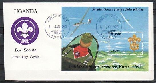 Uganda, Scott cat. 972. Aviation Scouts s/sheet. First day cover.