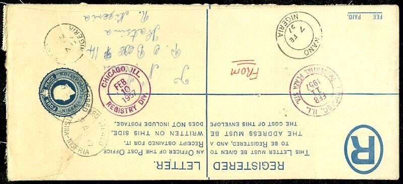 EDW1949SELL : NIGERIA Nice Usage on 1957 Registered Letter Envelope to USA.