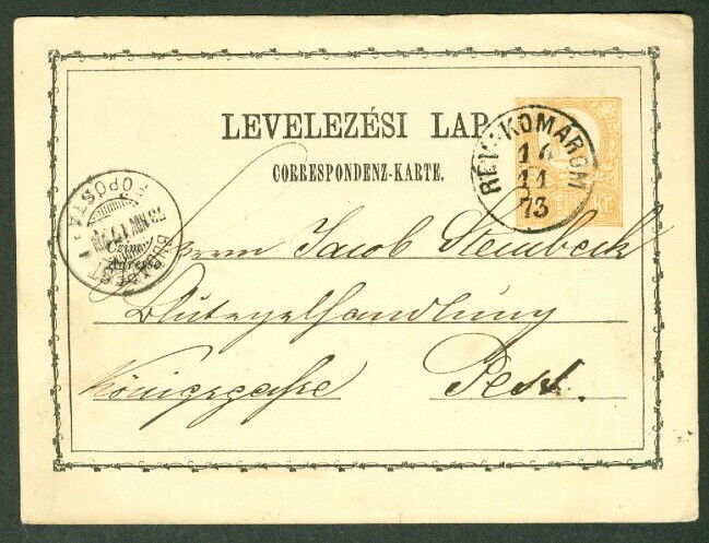 HUNGARY TOWN CANCEL on 1871 2kr POSTAL CARD - REV-KOMAROM