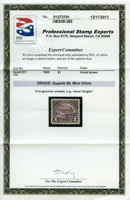 US SCOTT #571 MINT-SUPERB-OG-NH GRADED 98 W/ PSE CERT SMQ $775 (4/3/21 GP)