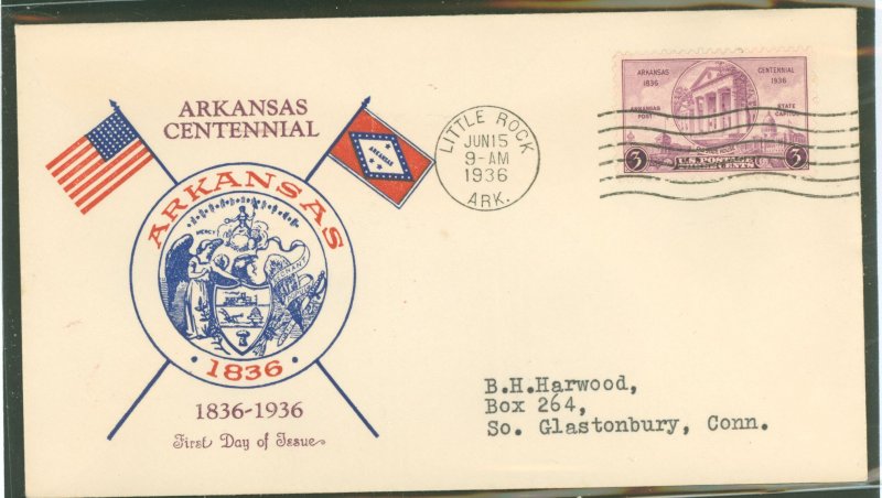 US 782 1936 3c Arkansas Centennial (single) on an unaddressed first day cover with a top notch cachet.