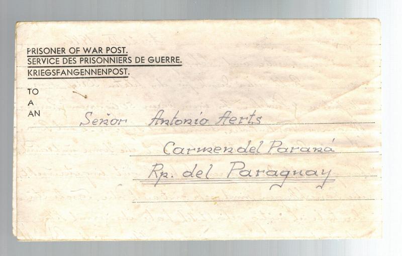 1946 Egypt MELF Germany Prisoner of War  POW Ltr Cover to Paraguay Antonio Aerts