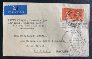 1937 Nairobi Kenya First Flight Airmail Service cover to Durban South Africa