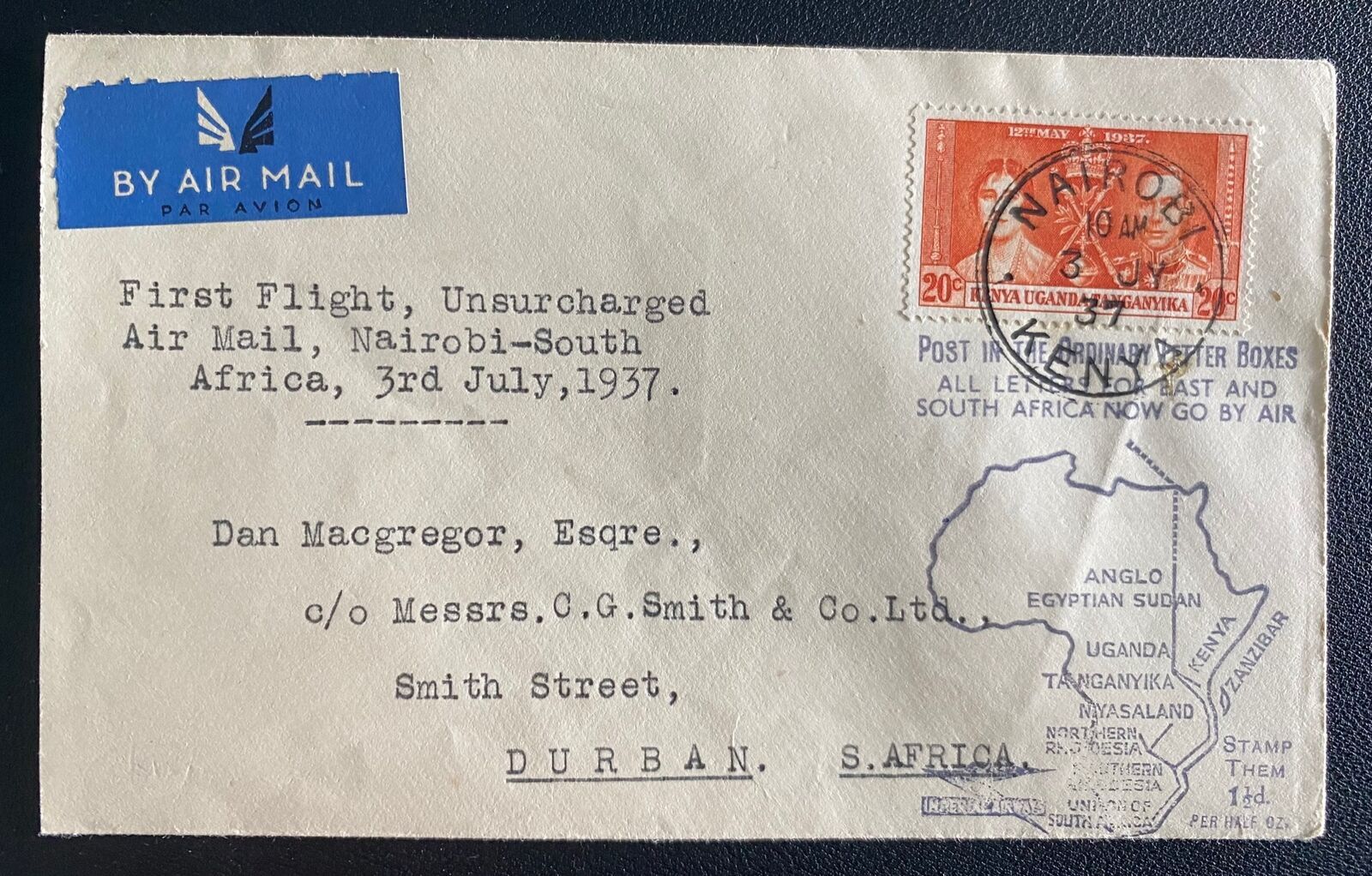 1937 Nairobi Kenya First Flight Airmail Service cover to Durban South