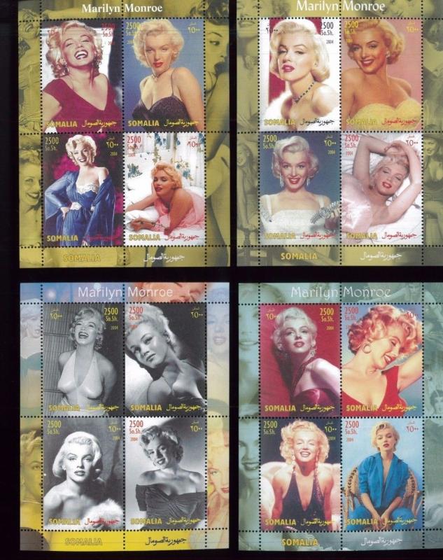 MARLYN MONROE (Unauthorized) Souvenir Sheet Set x4 MNH - Somalia E74
