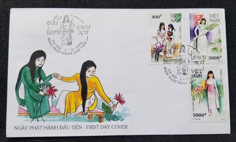 *FREE SHIP Vietnam Women Costumes 1995 Wedding Cloth Bicycle Flower (FDC *imperf