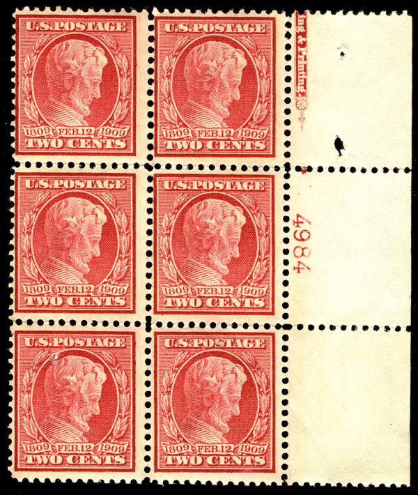 US #367 PLATE NUMBER BLOCK with imprint, VF mint never hinged, block of 6 wit...