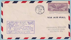 UNITED STATES FIRST FLIGHT COVER - 1931 FROM CHARLESTON SOUTH CAROLINA - CV347