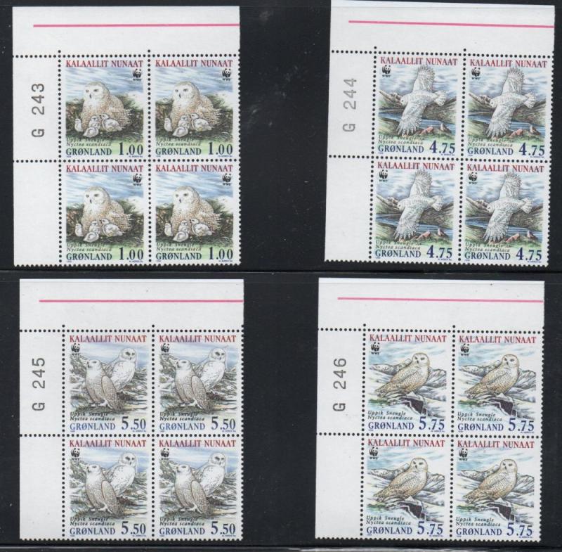 Greenland Sc 344-7 1999 WWF Snowy Owls stamp set number blocks of 4 mint NH