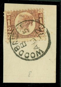SG 48 ½d rose-red plate 8 lettered CM. Very fine used on small piece tied...