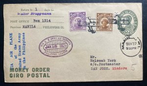 1928 Manila Philippines First Flight Airmail Cover to San Jose US Army Airplane