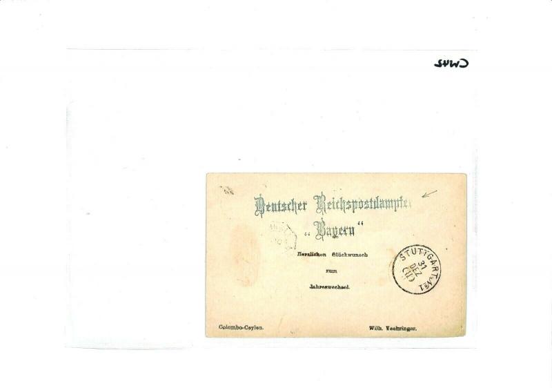 CEYLON Colombo GERMANY Stuttgart Stationery *LIGEN* Steamer Cachet 1892 CW42